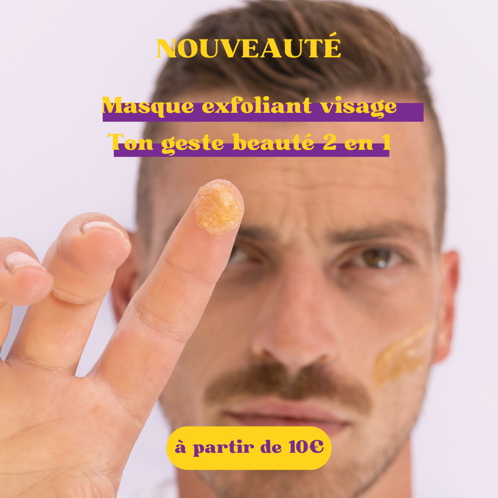 Un doigt montre une texture légérement jaune orange un peu granuleuse. il est écrit nouveauté, masque exfoliant visage, ton geste beauté deux en un, à partir de 10 euros. En arrière plan on voit un homme avec une trace de cette texture sur la joue.