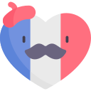 Icon coeur portant les couleur du drapeau français avec un béret des yeux et une moustache qui symbolise le made in France