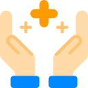 Icon de deux mains qui englobe trois plus pour symboliser la positivité
